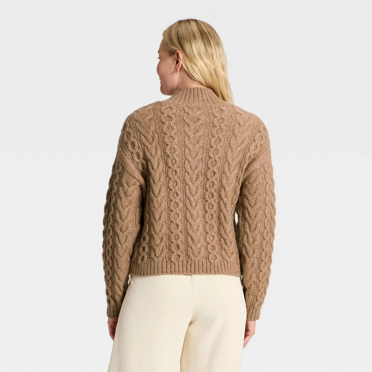 Women's Long Sleeve Split Neck Cable Pullover Sweater - A New Day™ Brown S | Target