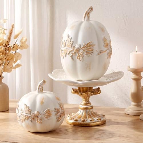 Thyle 2 Pcs Resin Pumpkin for Decorating Rustic Fall Pumpkin Decor Decorative Artificial Small Pumpkins Fall Home Decor for Mantel Table Home Thanksgiving Autumn Indoor(White Floral) | Amazon (US)