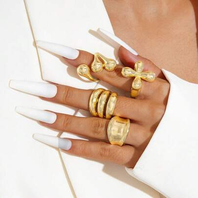 European And American Cross-Border Geometric Metal Style Lava Line Ring Four-Piece Set, Irregular Smooth Open Ring Set Polished Metal Texture Fine Handmade Craft Flexible Adjustable Opening Comfortable Skin Friendly Wearing Stackable Finger Ornament Daily Casual Party Dating Travel Outfit Matching Fashionable Finger Jewelry Accessories For Women Ladies | SHEIN