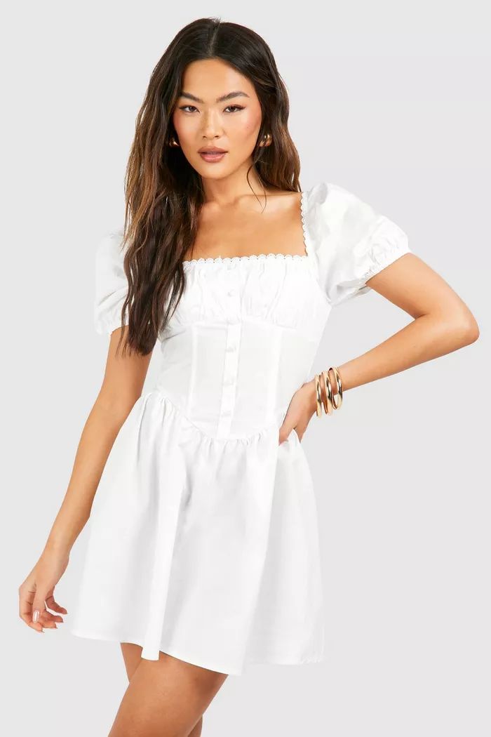 Puff Sleeve Cotton Ruched Milkmaid Mini Dress | boohoo (US & Canada)