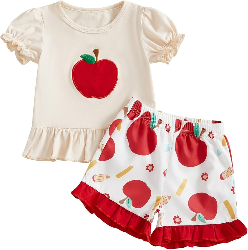 Toddler Baby Girl Back To School Outfit Apple Short Sleeve Shirt Top Ruffled Shorts Set Cute Girl... | Amazon (US)