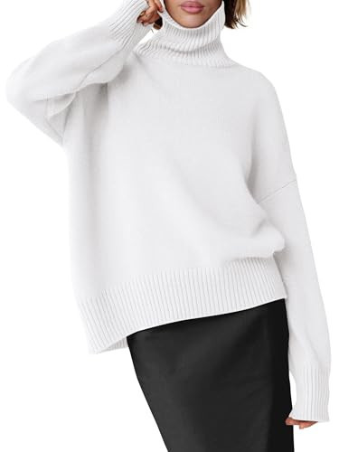 ANRABESS Womens Turtleneck Sweaters Oversized Chunky Long Sleeve Knit High Low Hem Pullover Top 2025 Fall Winter Fashion White Large | Amazon (US)
