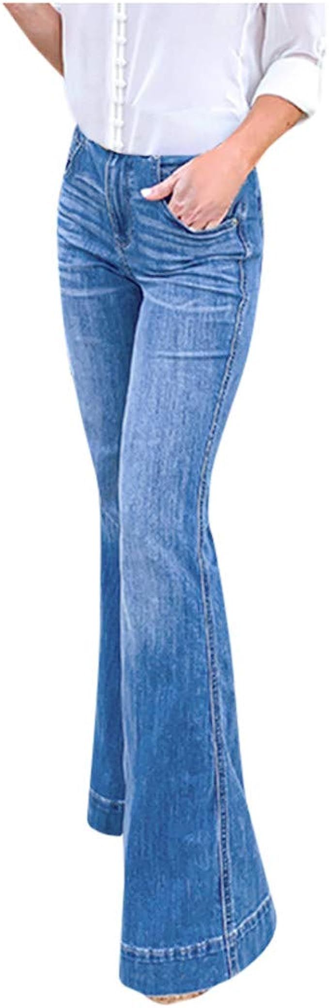 Womens High Rise Wide Leg Jeans, Vintage Flare Bell Bottom Raw Hem Denim Pants Morecome | Amazon (US)