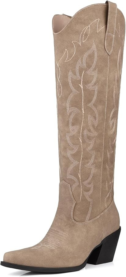 Knee High Cowgirl Boots Women Wide Calf Rhinestones Cowboy Boots Lady Pointed Toe Chunky Heel Emb... | Amazon (US)