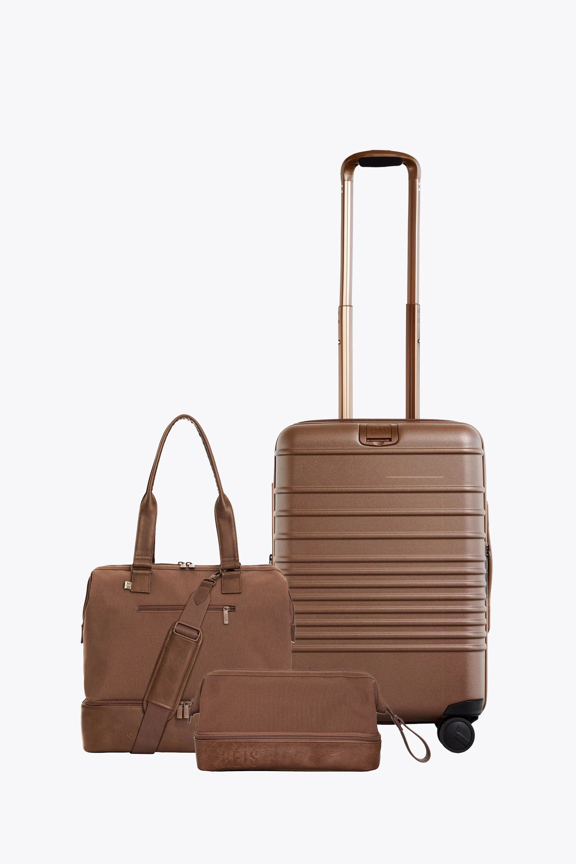 BÉIS 'The Carry-On Essential Set' in Maple - 21" Carry On Roller, Mini Weekender & Dopp Kit Set | BEIS