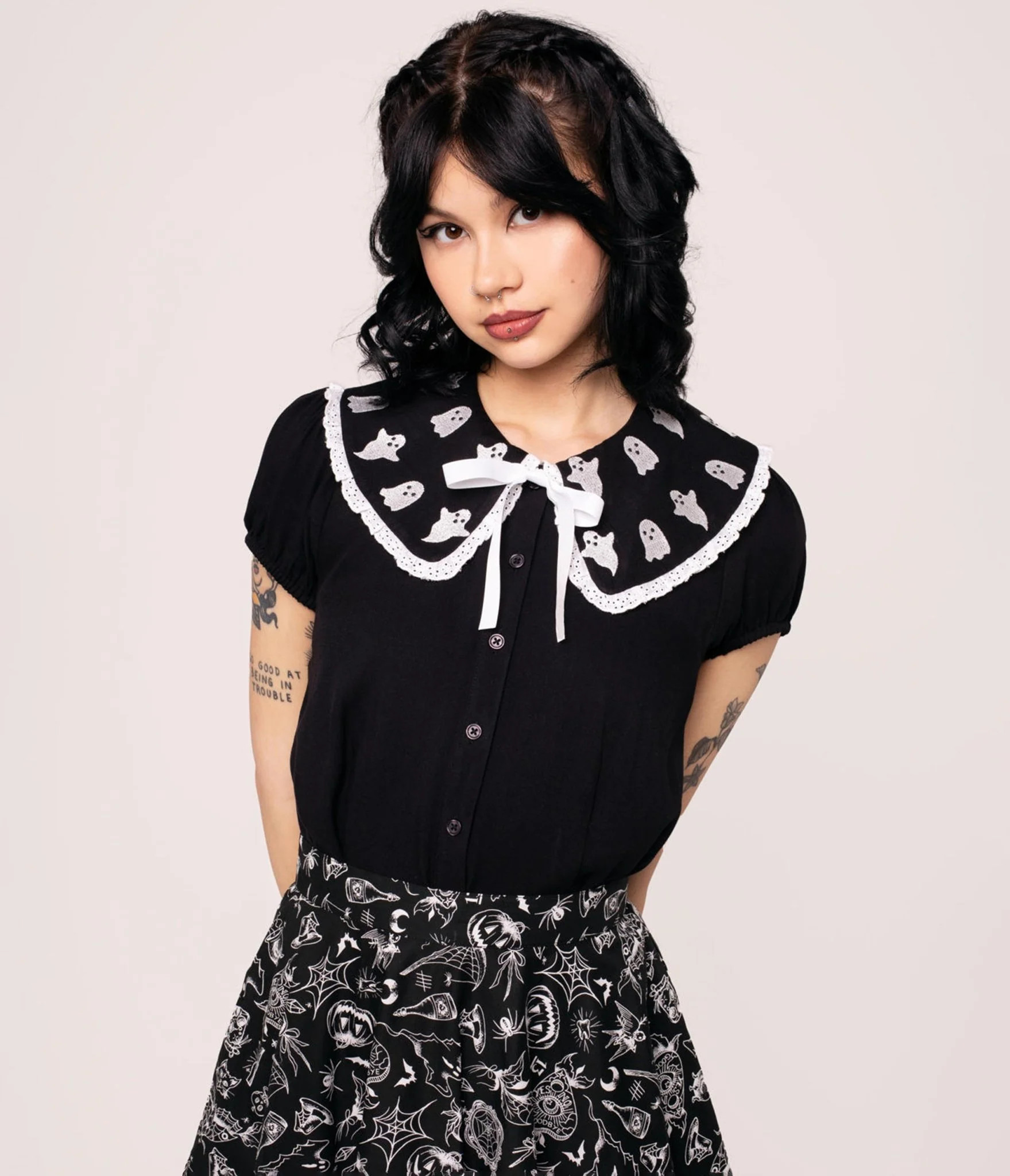 Hell Bunny Ghost Embroidered Collared Blouse | UniqueVintage