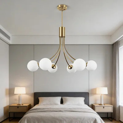 6-Light Sputnik Chandelier With Milk Glass Globes, Adjustable Dimmable Gold Ceiling Light Fixture For Dining Room, Kitchen Island, Living Room, Bedroo | Wayfair North America