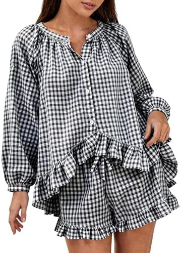COZYPOIN Gingham Pajama Sets for Womens 2 Piece Cotton Pjs Plaid Ruffle Sleepwear Long Sleeve Top... | Amazon (US)