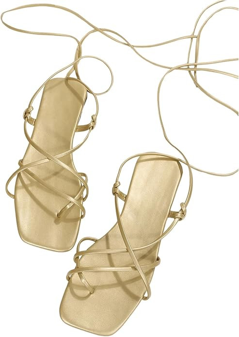 GORGLITTER Women's Lace Up Strappy Toe Ring Flat Sandals Tie Leg Leather Sandals | Amazon (US)