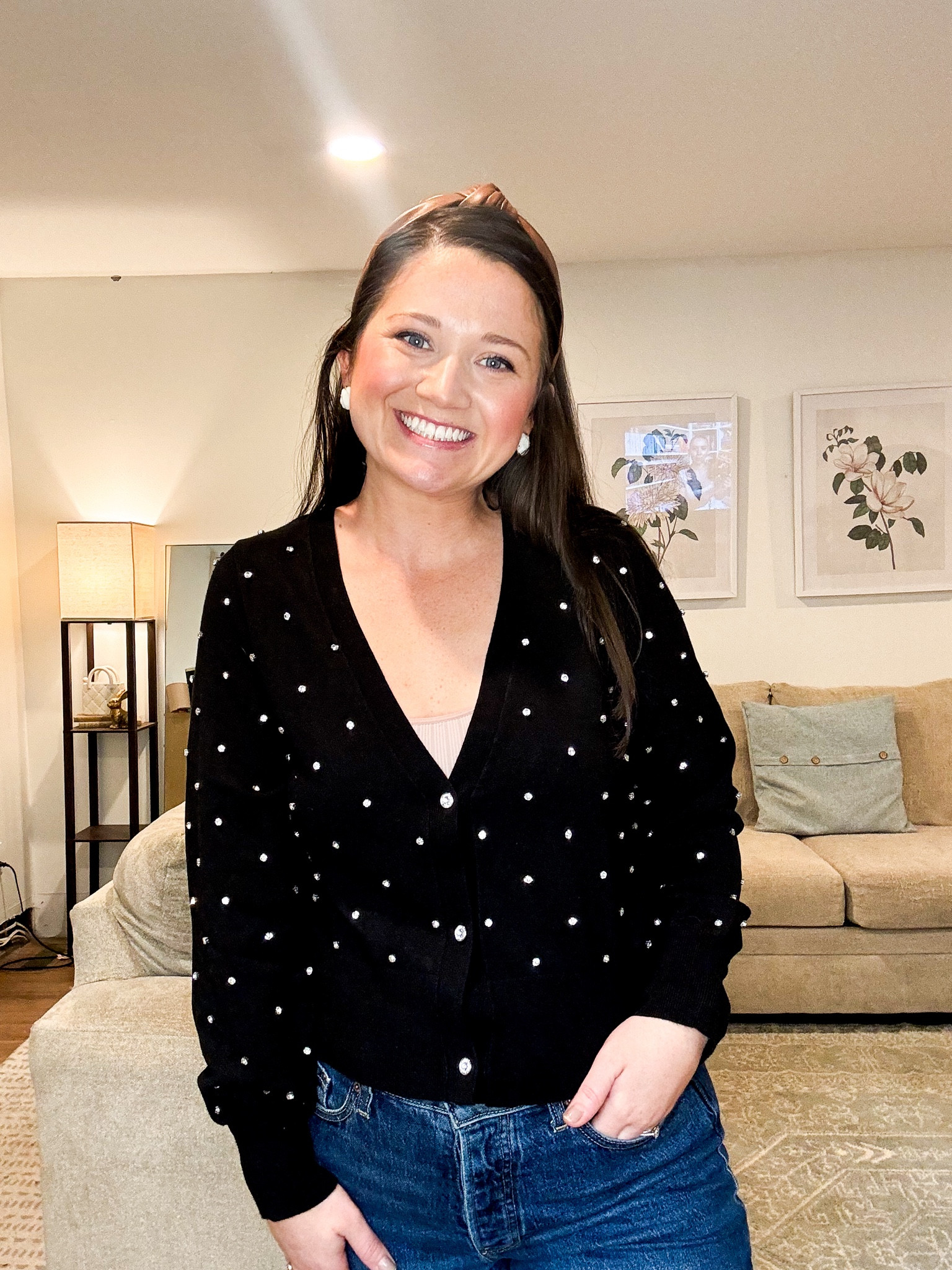 Jeweled cardigan. Holiday outfit. Winter outfit. Black sweater  