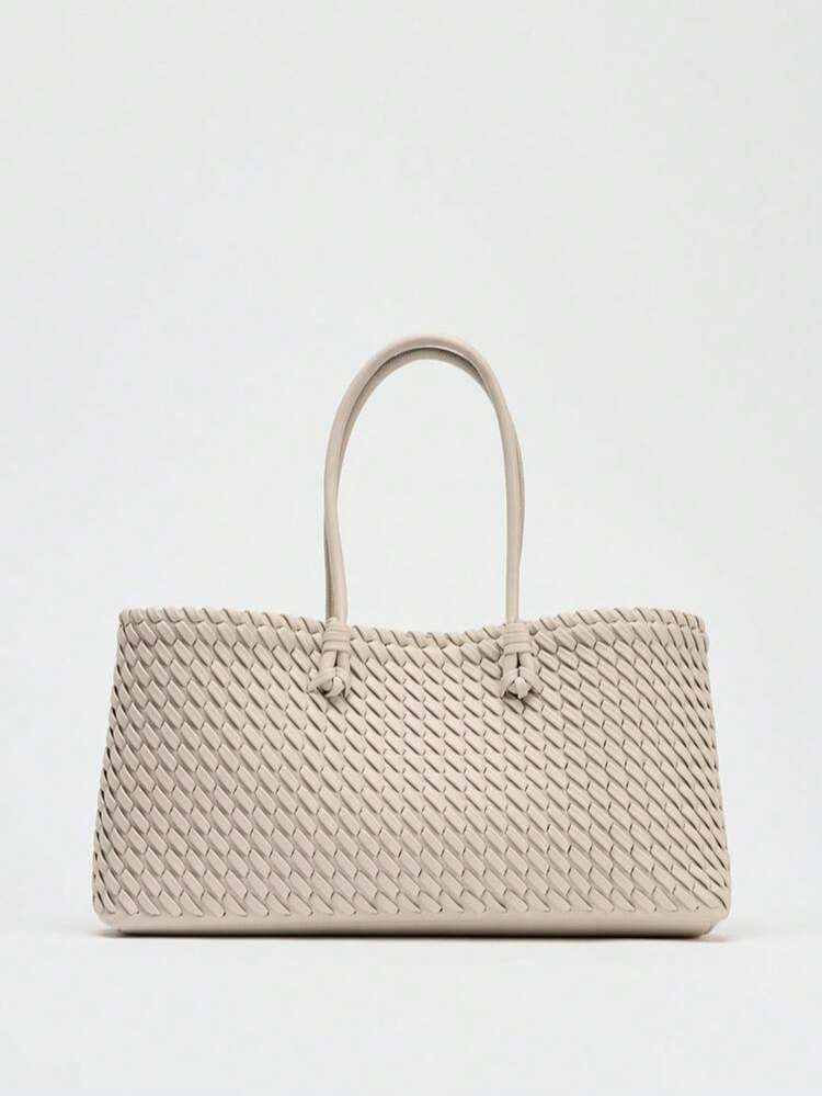 [Women's Shoulder Bag] WOVEN TOTE BAG, Fashionable Top Handle Bag, Solid Color Simple Shoulder Bag, Women's Handbags Luxury Design For Everyday Style | SHEIN