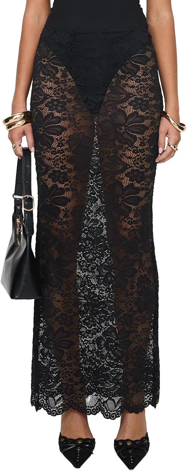 Women Fairy Lace Maxi Skirt Y2K Vintage Sheer Mesh Lace Floral Bodycon Long Skirt Sexy See-Throug... | Amazon (US)