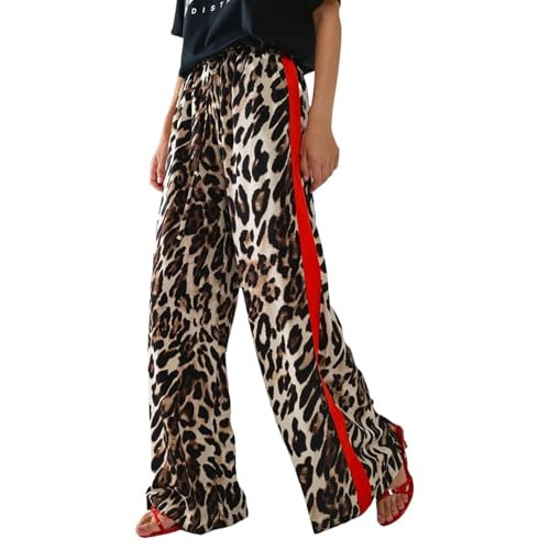 Women's Leopard Print Wide-Leg Pants with Red Side Stripe,Fashion Elastic Waist Casual Trousers,S | Amazon (US)