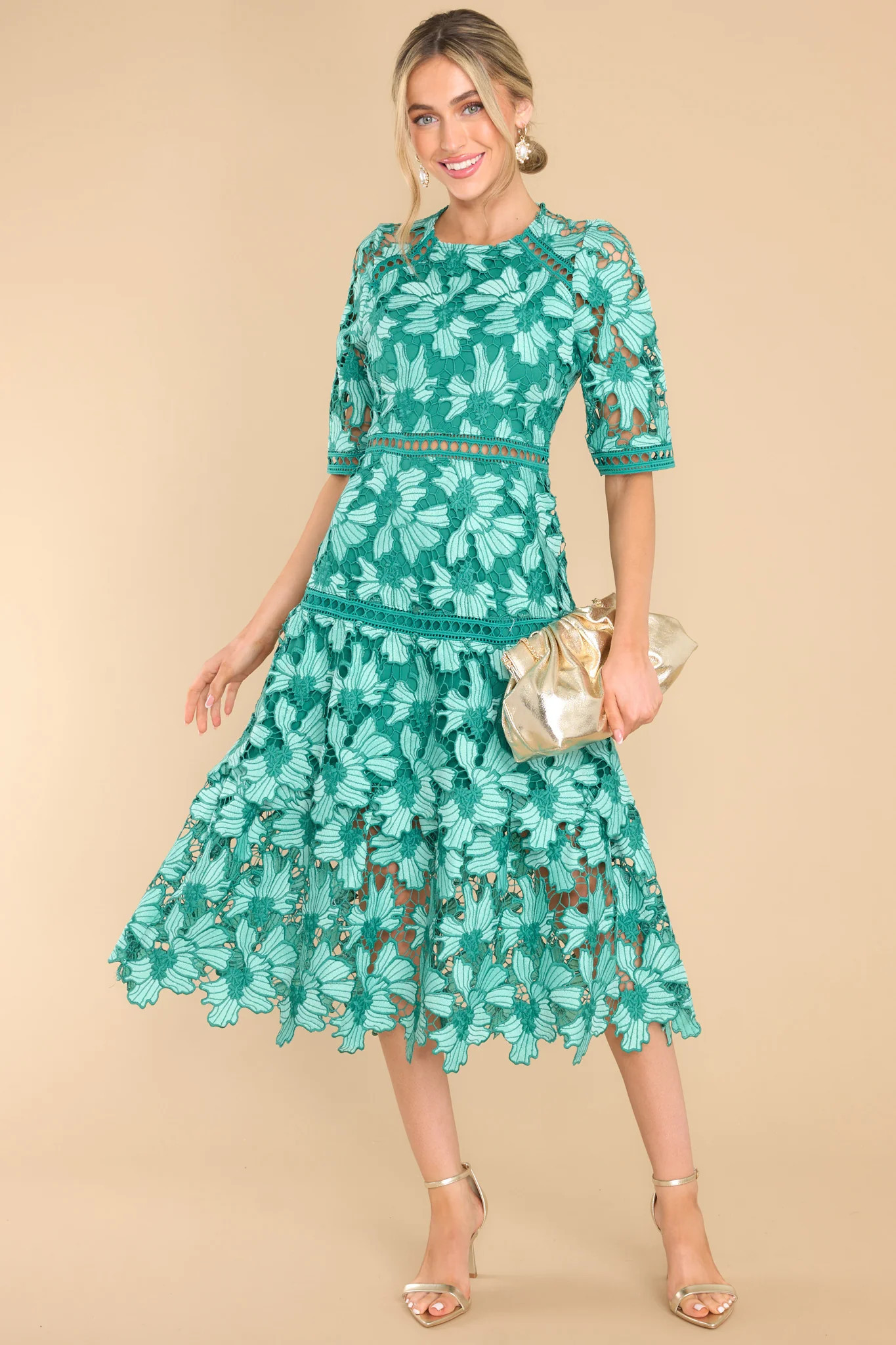 Get To The Point Emerald Lace Midi Dress | Red Dress 