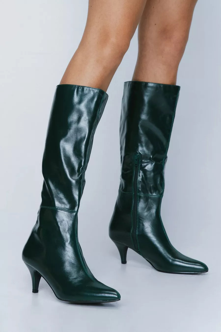Faux Leather Kitten Heel Knee High Boots | Nasty Gal (US)
