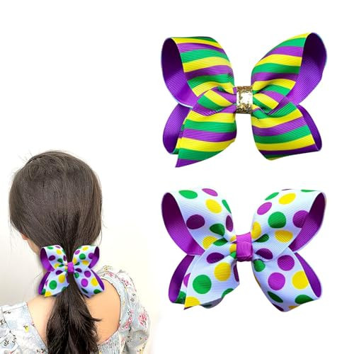 Mardi Gras Hair Bow Clips 5 Inch Purple Gold Green Boutique Ribbon Polkadots Cheer Bow Clip for Women Circus Carnival Hair Accessories Costume Party Headpiece Decor | Amazon (US)