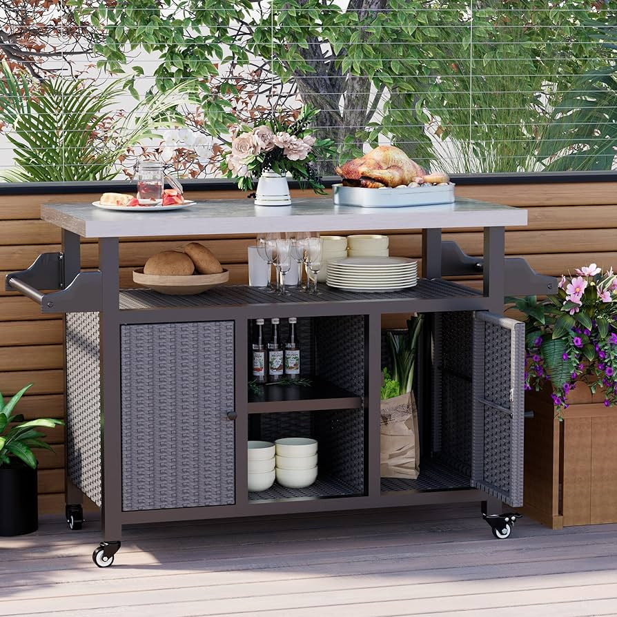 Rattan Outdoor Bar Cart with Wheels, Grill Cart with Storage Cabinet, Durable Metal Prep Table To... | Amazon (US)