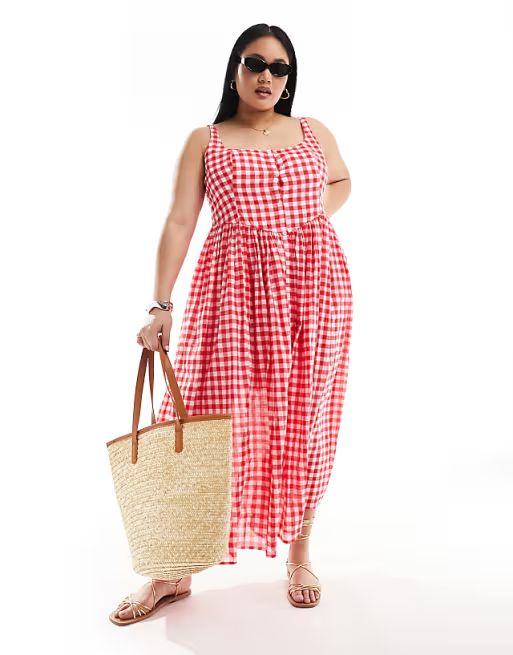 ASOS DESIGN Curve voile picnic midi sundress in red gingham | ASOS (Global)