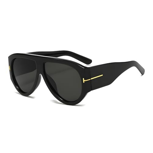 QYVEWY Trendy Oversized Aviator Sunglasses for Women Men Square Thick Frame Large Sun Glasses UV400 Protection (Black) | Amazon (US)