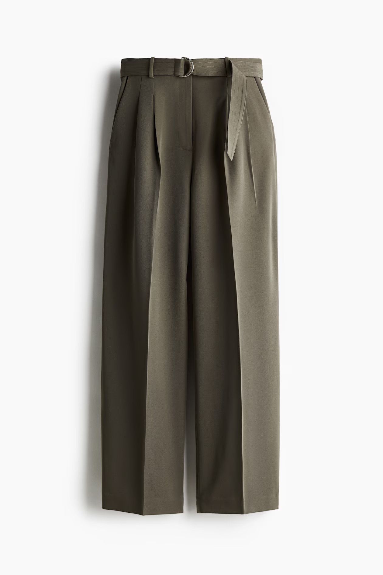 Pantalón amplio con cinturón - Talle alto - Largo - Verde caqui - MUJER | H&M ES | H&M (FR, IT, ES, PT, BE)