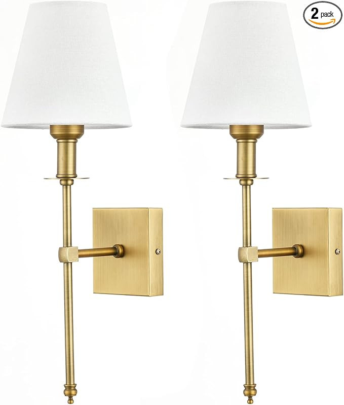 Bsmathom Wall Sconces Sets of 2, Brushed Brass Sconces Wall Lighting with Fabric Shade, Hardwired... | Amazon (US)