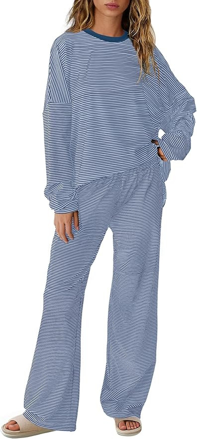 SENSERISE Womens Striped Lounge Set 2 Piece Outfits Fall Matching Pajama Sets Long Sleeve Striped... | Amazon (US)
