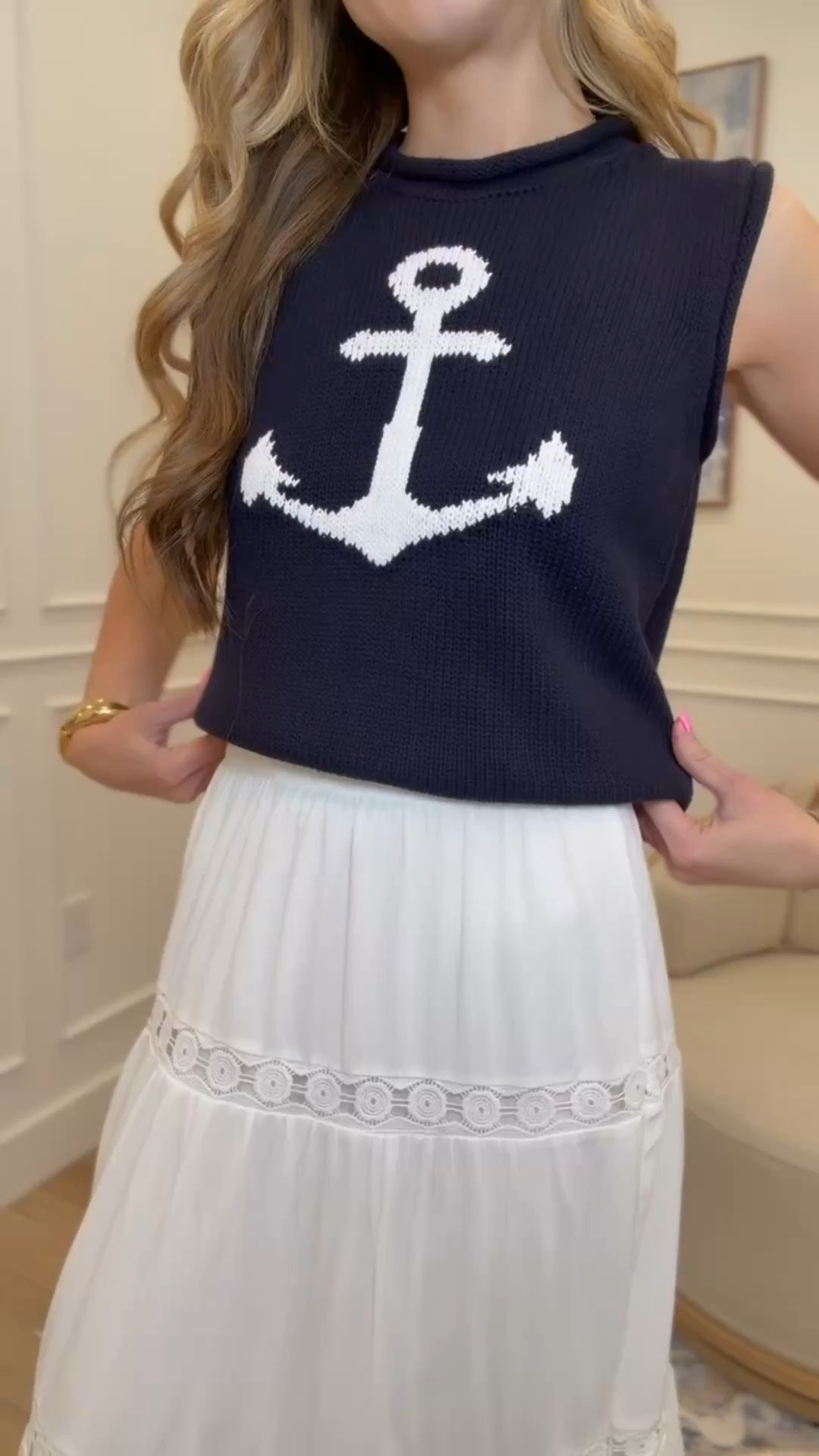 The nautical trend is having a major moment and this Walmart anchor knit sweater vest paired with a white lace trim tiered maxi skirt is the combination 🪝🤍 Navy chunky knit, bold white anchor graphic, and that flowing white lace trim maxi skirt underneath — classic, coastal, and completely polished. A look this good for a Walmart price is unreal. 

#LTKootd #LTKSeasonal #LTKTravel