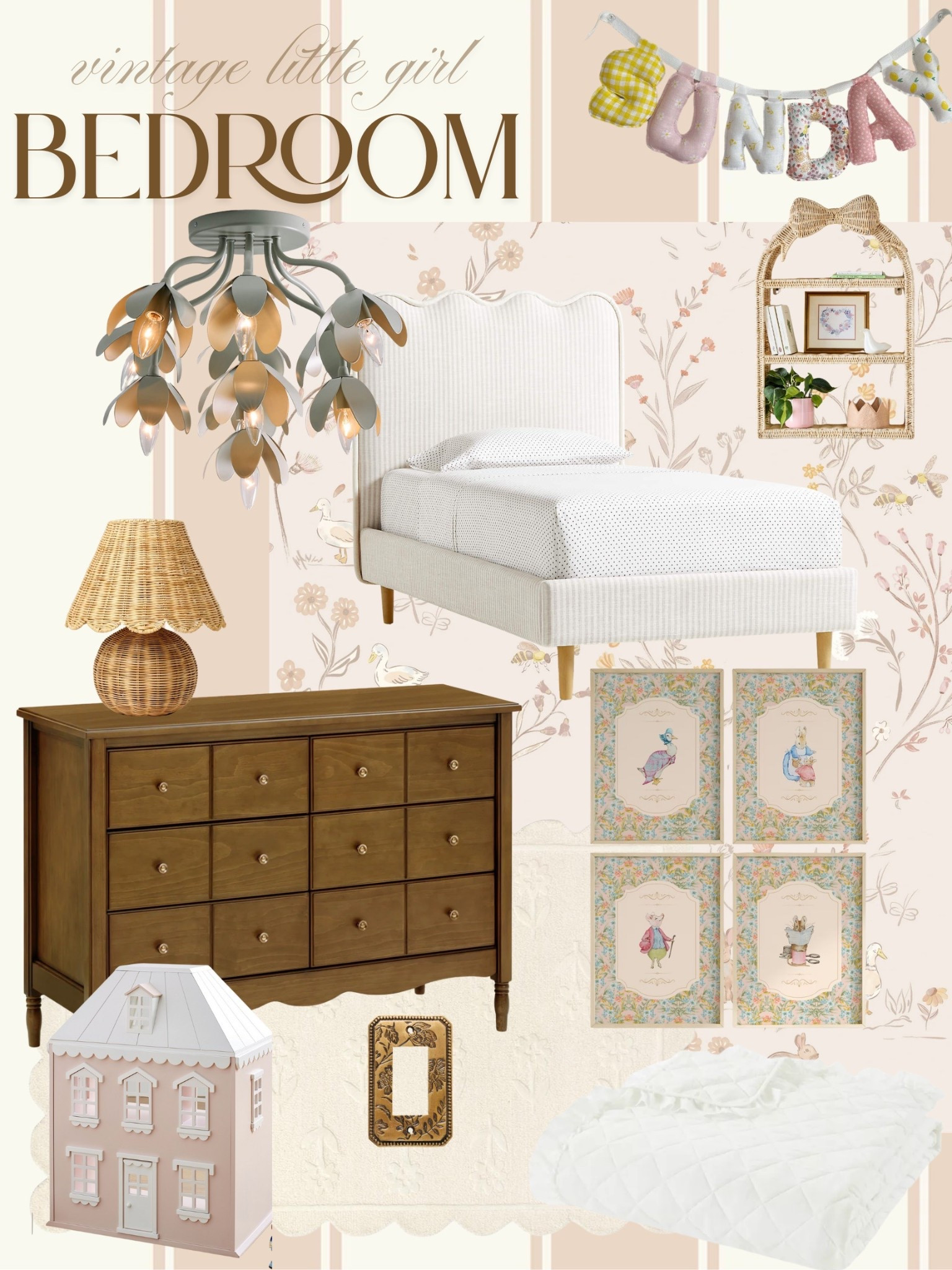 vintage little girl bedroom design inspo board. girly, classic, mixed patterns 

#LTKKids #LTKFamily #LTKHome