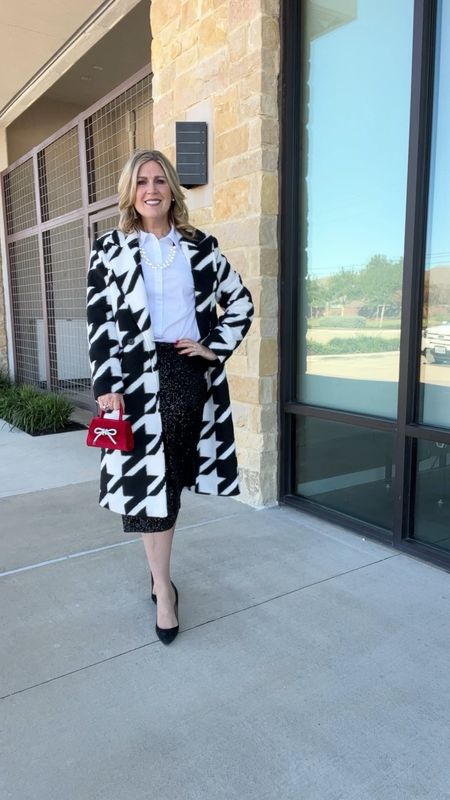 Sadly this houndstooth coat is out of stock, but I’m linking some similar options. The sequin pencil skirt is stretchy and runs tts. Under $25. And this mini red velvet bag is AMAZING. Holds my lipstick, keys and small wallet. Highly recommend! 

#LTKSeasonal #LTKVideo #LTKHoliday
