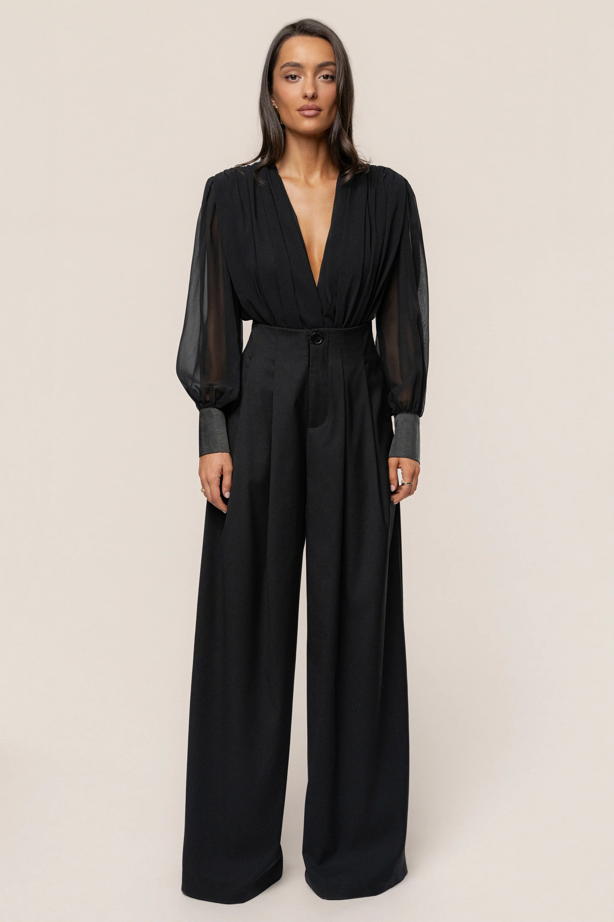 Black Polished Pleat Trouser | JLUXLABEL