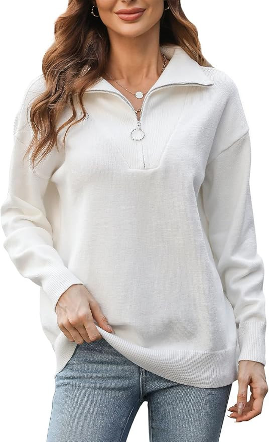 Amazon.com: ELGOGY Women's 2022 Quarter Zip Sweaters V Neck Oversized Collared Knit White Pullove... | Amazon (US)