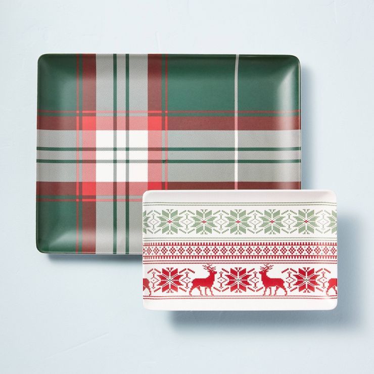 2pc Holiday Plaid &#38; Fair Isle Bamboo-Melamine Serving Platter Set Green/Red/Cream - Hearth &#... | Target