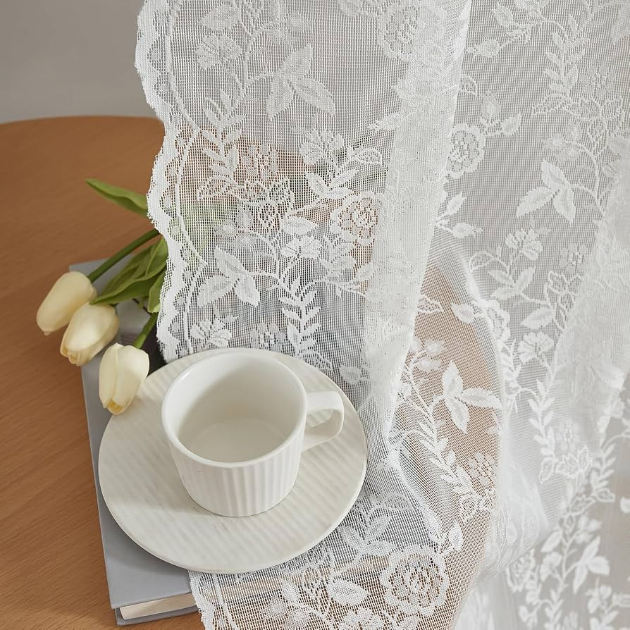 FINECITY Short Lace Curtains 36 Inch Length for Small Window, Rustic Leaf Floral Design Lace Cafe... | Amazon (US)