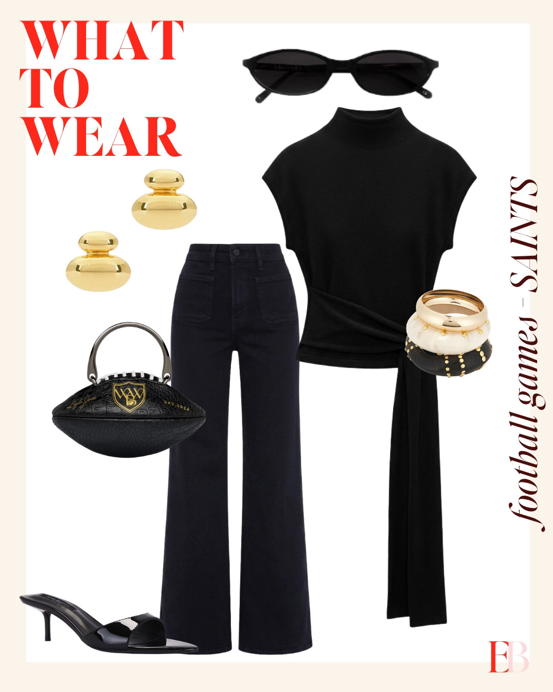 All black, all gold, all business. A mock neck and wide leg denim look sharp without trying. The football bag is the only wink you need. 

 #saints #nfl #football #gameday
