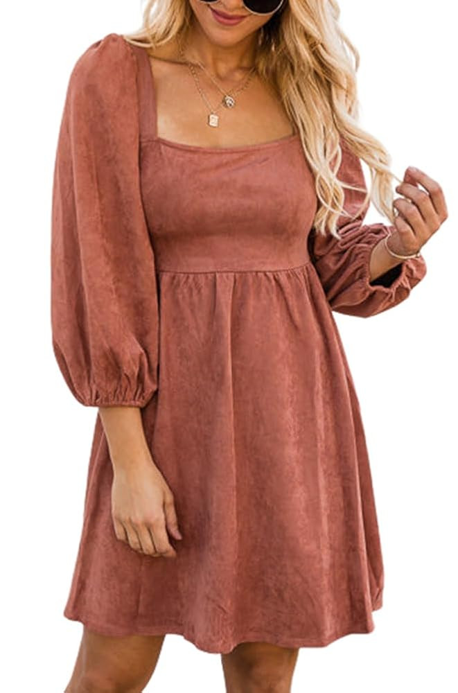 Hotmiss Women's 2023 Suede Dress Long Puff Sleeve Square Neck Cocktail Party Wedding Dresses | Amazon (US)