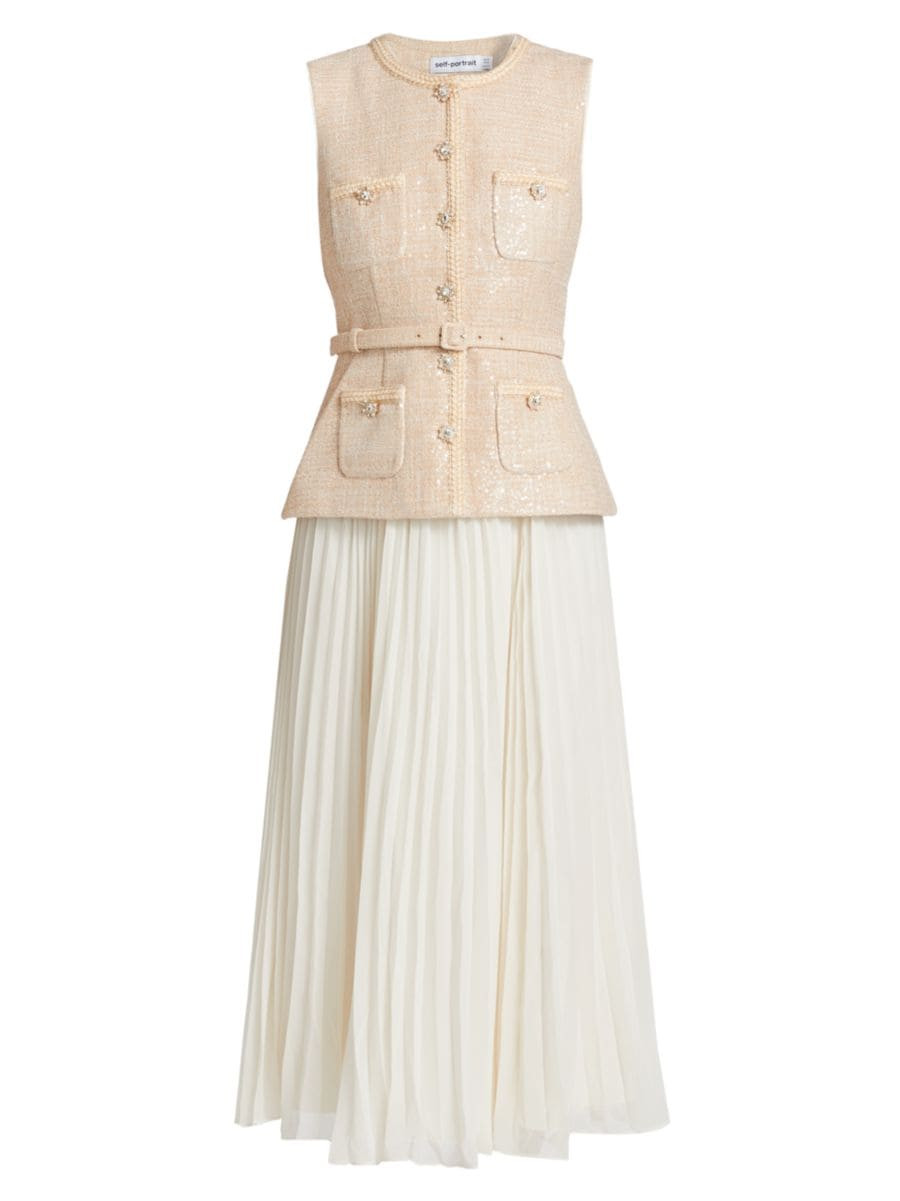 Sequined Bouclé & Pleated Chiffon Midi-Dress | Saks Fifth Avenue