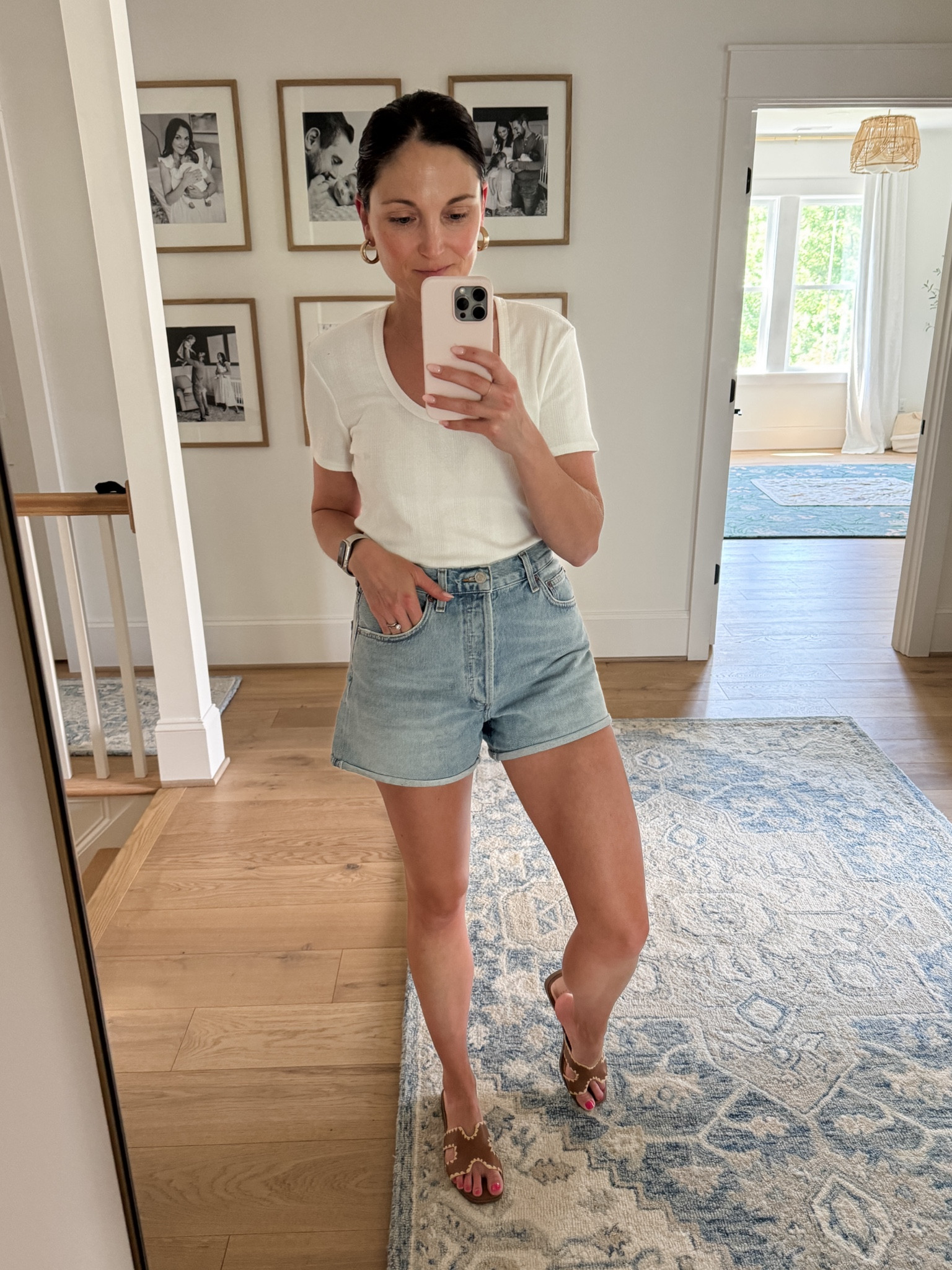 Casual spring/summer outfit. Still loving these denim shorts. This white pointelle scoop neck tee is super cute. I’m wearing a size medium but wish I got a small bc it’s a touch big. 

#LTKSeasonal