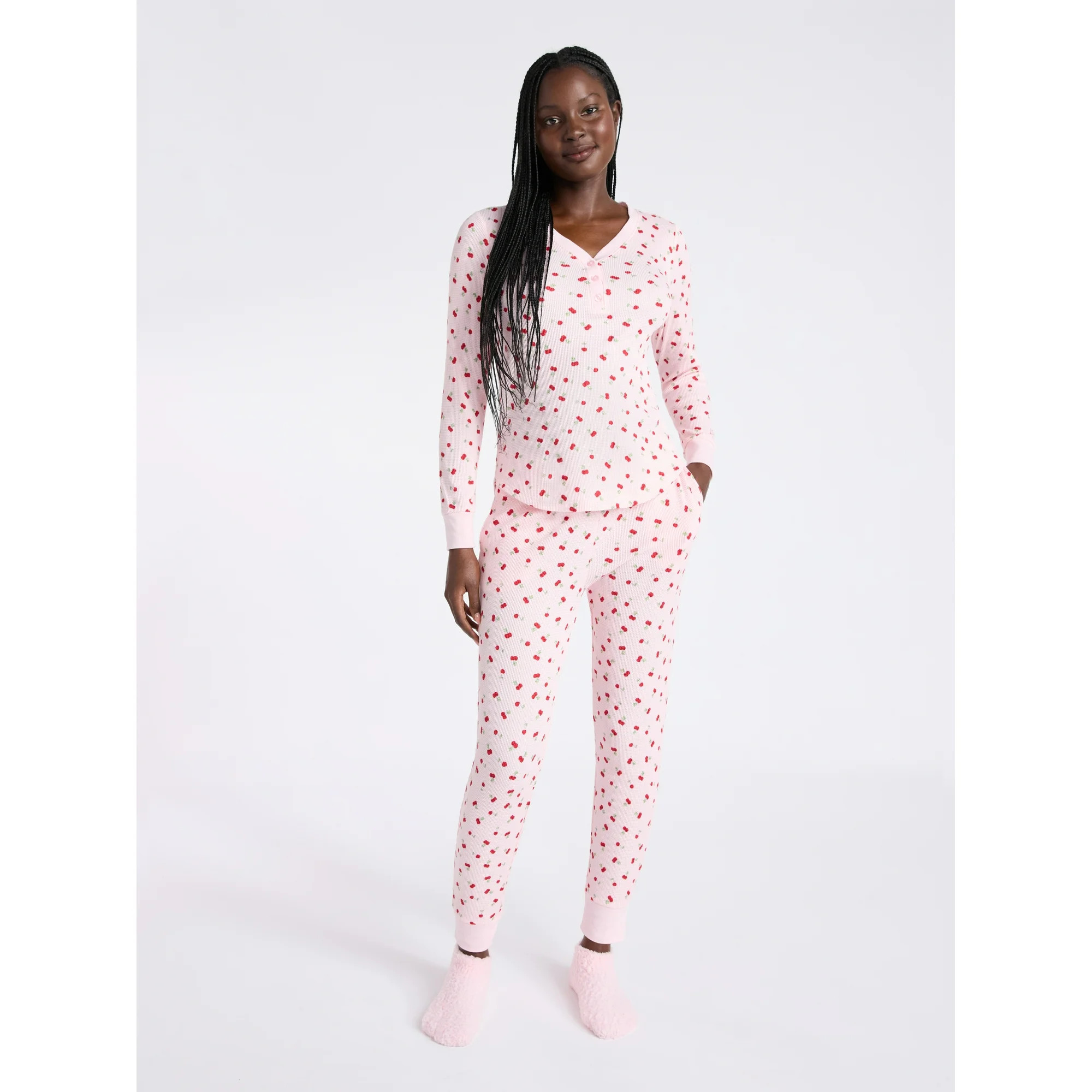 Joyspun Women's Waffle Knit Henley Sleep Top, Joggers and Socks Pajama Set, 3-Piece, Sizes XS-3X | Walmart (US)