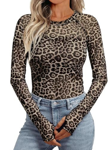 Dealmore Lace Long Sleeve Leopard Print Mesh Cheetah Going Out Tops for Women Fashion Fall Outfits 2026 Leopard XL | Amazon (US)