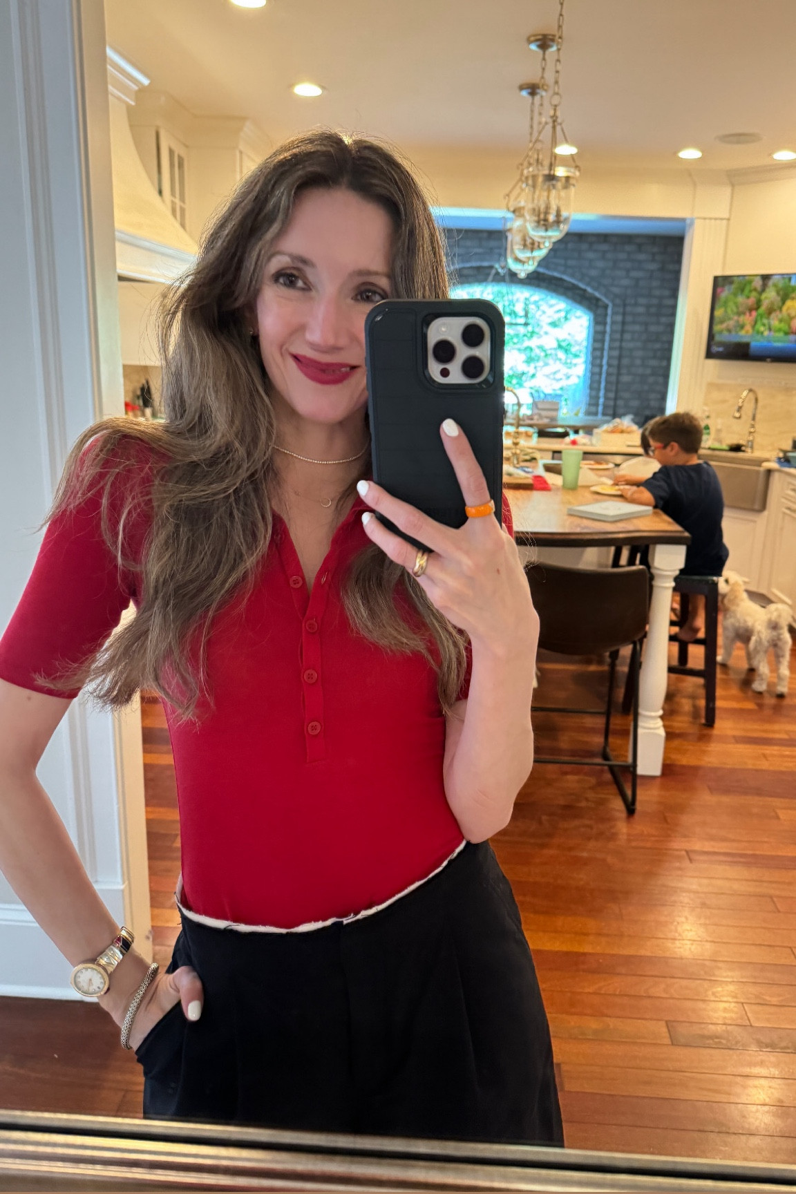 Polo shirt and Bermuda shorts for the win! Also this is my favorite lip color in a stunning red! 