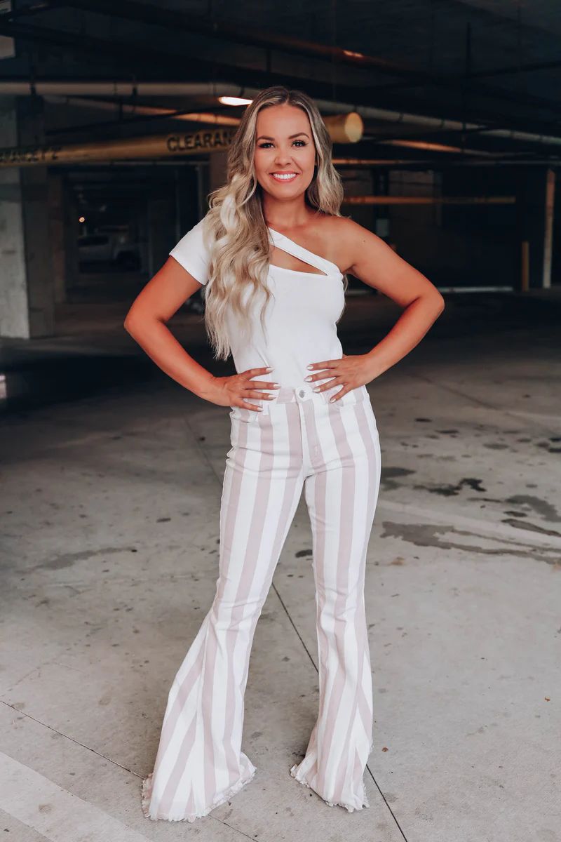 Sleek Striped Pocketed Flare Jeans | Whiskey Darling Boutique