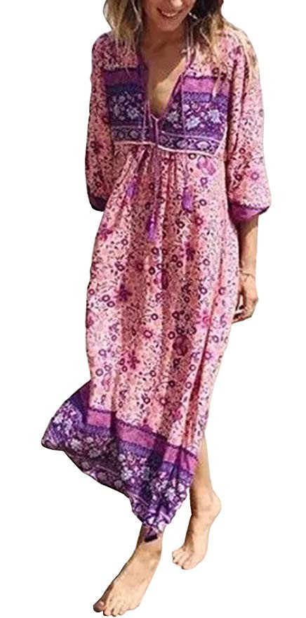 R.Vivimos Women's Long Sleeve Floral Print Retro V Neck Tassel Bohemian Midi Dresses | Amazon (US)