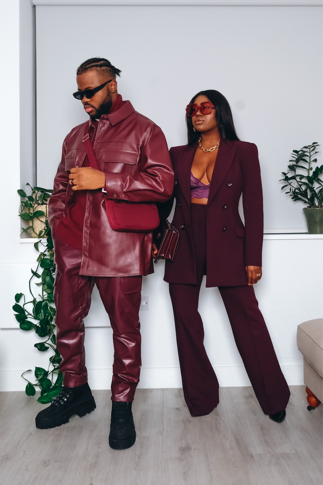 Matching couples outfit, his and hers,  
Burgundy outfit, Autumn outfit, 
Burgundy Leather Jacket and faux leather trouser, Burgundy suit, wide leg trousers, black boots, black heels, asos, Galvan London, Michael Kros, Topman. 


#LTKSeasonal #LTKeurope #LTKstyletip
