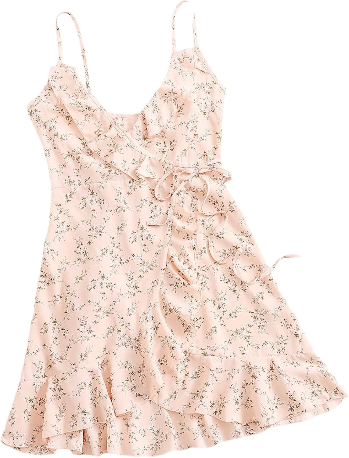 Romwe Women's Boho Floral Sundress Spaghetti Strap V Neck Ruffle Tie Knot Wrap Cami Dress | Amazon (US)