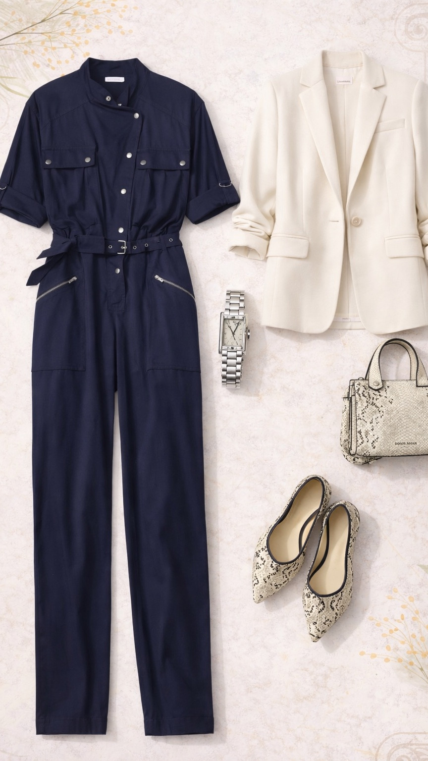 Effortless polish with a modern edge 🤍 
Navy utility meets ivory tailoring, finished with coordinated snakeskin and a timeless silver watch. This is my go-to elevated everyday look — structured, refined, and easy to wear.

#LTKStyle #LTKWorkwear #LTKSpring #NeutralStyle #ChicEveryday

#LTKPlusSize #LTKdayinmylife #LTKselfcare