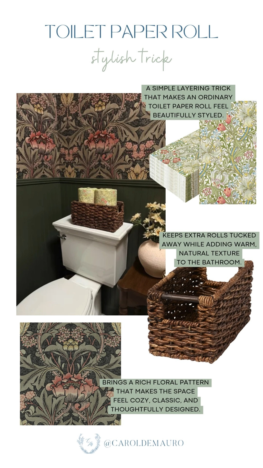 toilet paper wrapping, hosting hack, home organization, powder room styling, woven crate, floral wallpaper, home inspo, bathroom idea

#LTKHome