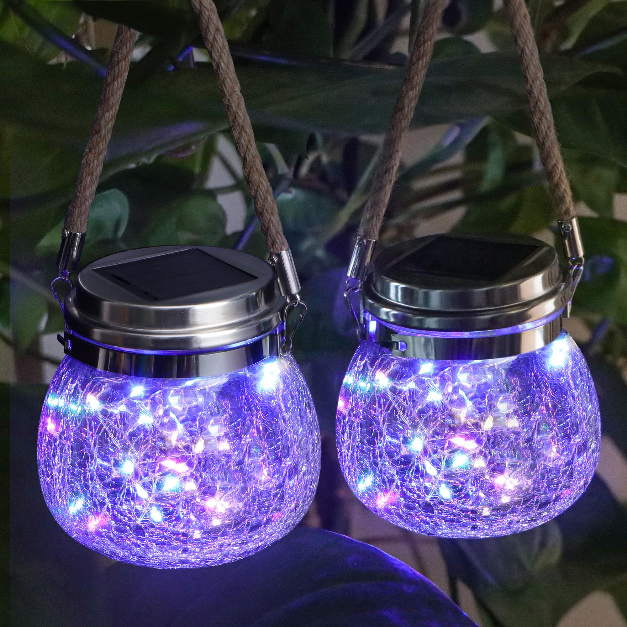 Solar Lantern Outdoor Waterproof, 2Pack Crackle Glass Ball Solar Hanging Lanterns, Multi-Color LE... | Amazon (US)