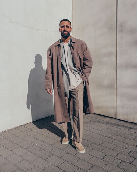 ESSENTIALS Long Coat in ‘Wood’ (size M). FEAR OF GOD California Blazer in ‘Grey’ (size 46), Inside Out Raw Neck t-shirt in ‘Sand’ (size M), Double Pleated Trousers (size 32) and The Loafer in ‘Daino’ (size 42). FEAR OF GOD x BARTON PERREIRA glasses in ‘Matte Taupe’. A relaxed and elevated Fall men’s look perfect for the office or business casual for a night out. 

#LTKstyletip #LTKworkwear #LTKmens