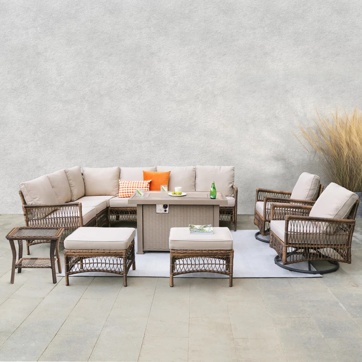Evart 10-Person Outdoor Wicker Patio Set with Fire Pit Table & Swivel ChairsByLark Manor™4.3Rat... | Wayfair North America