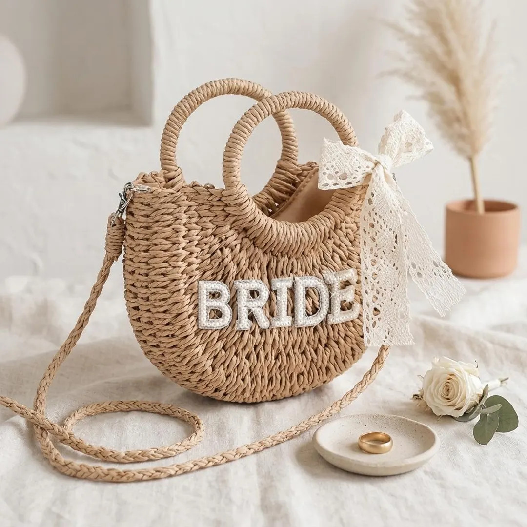 Bride Straw Purse – Handwoven Bag with Pearl Letters, Removable Strap, Drawstring Closure, Bach... | Etsy (US)
